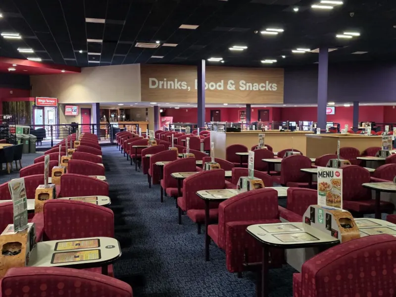 Dining area and food counter inside Buzz Bingo Bexleyheath