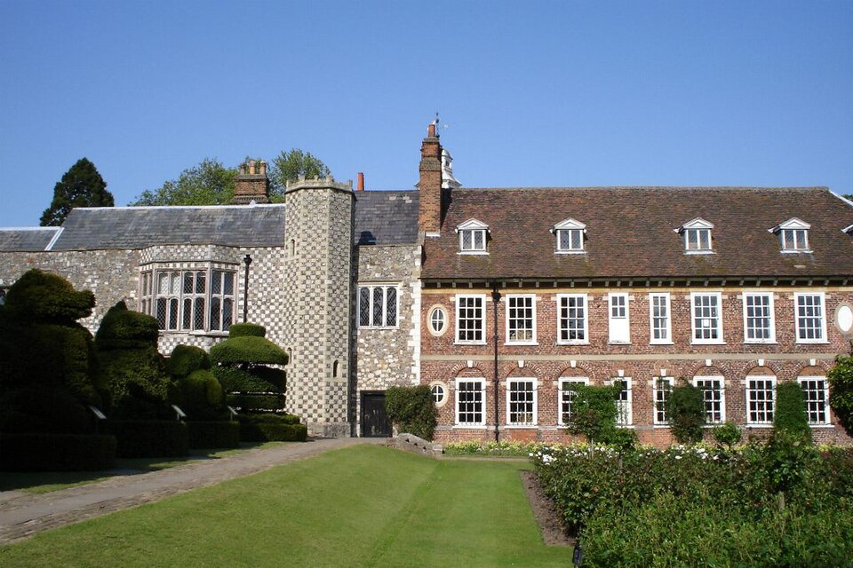The Tudor stone and flint chequered frontage of Hall Place in Bexley